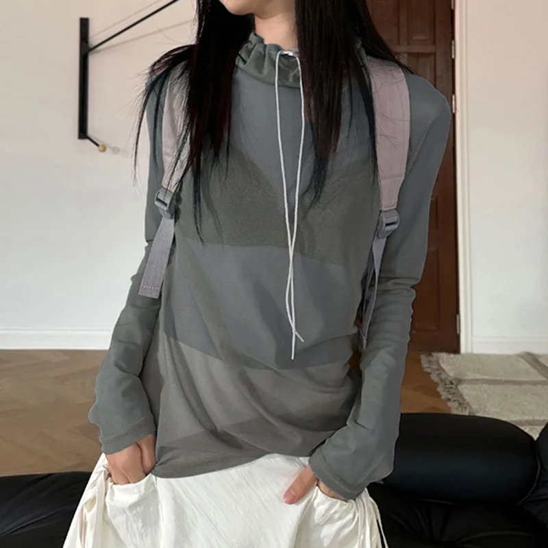 

Drawstring High Neck Long Sleeve Mesh Tops See Through T Shirts Girls Casual Loose Summer Korean Clothes