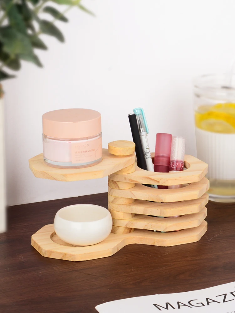 Wooden Pen Holder, Creative Desktop Pencil Holder Makeup Brush Organizer 360° Rotating Cosmetic Storage Rack Stationery Box
