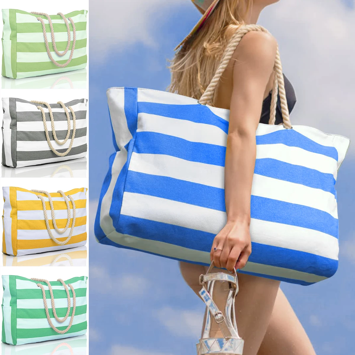 Reisetasche aus Segeltuch, gestreifte Außentasche mit Reißverschluss für Outdoor-Reisen, Urlaubsgepäck, wasserdichte Tasche mit Segeltuchgriff, praktisch zusammenklappbare Strandtasche-ll_voghion.com