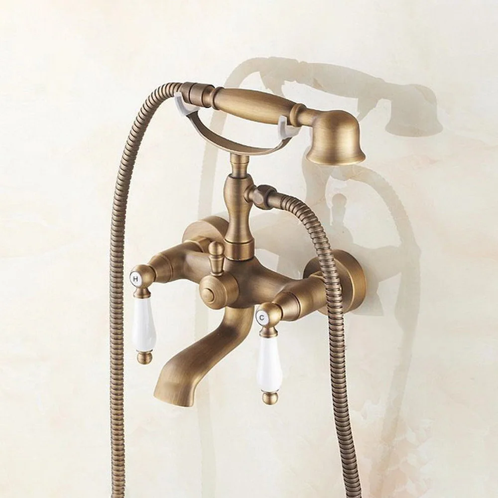 

Vintage Antique Brass Wall Mount Bathroom Bathtub Faucet Set WITH/ 1500MM Handheld Shower Spray Head Mixer Tap Dtf153