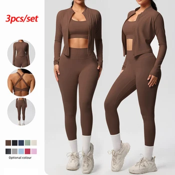 3pcs Sportswear Yoga Set Gym Sports Bra Zipper Jacket Leggings Clothes Sportswear Yoga Suits For Women Fitness Set Tracksuit 1