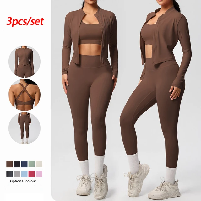 3 pièces vêtements de sport Yoga ensemble gymnastique sport soutien-gorge veste à glissière Leggings vêtements vêtements de sport Yoga costumes pour femmes Fitness ensemble survêtement 1