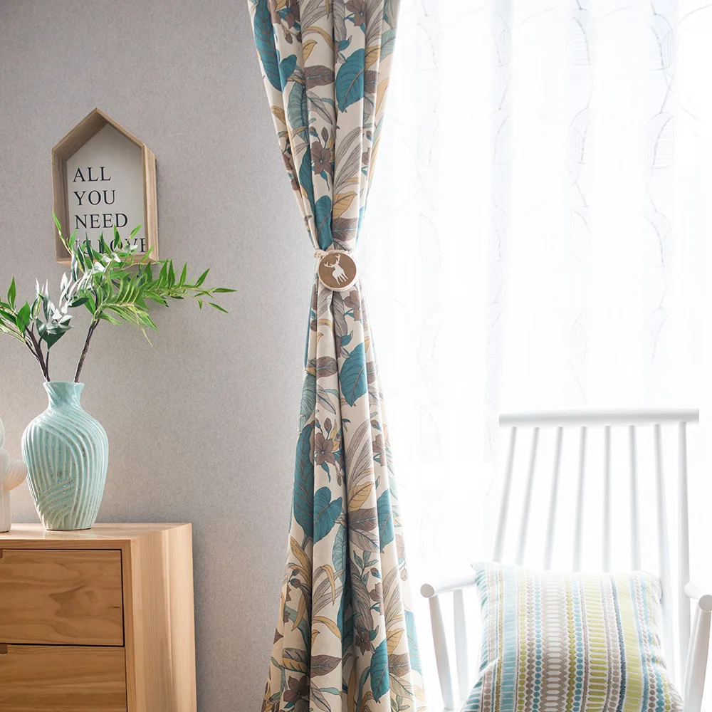 New Chinese Style Curtains for Living Room Cotton Linen Printed Cortina Banana Leaf Embroidered Tulle Curtain Blackout Curtains 3