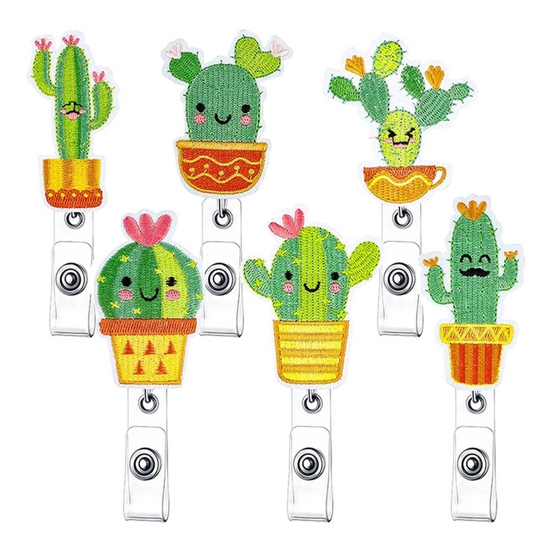 

B36C 6Pcs Felt Badge Reel Embroidery Cactus Badge Holder Retractable 360 Spining for Nurse Doctor Office Staff Factory Worker