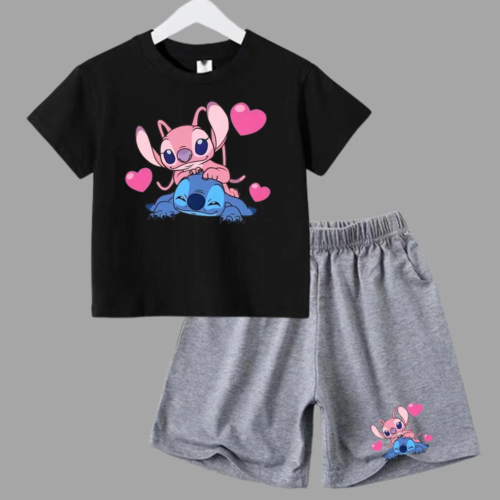 thumbnail image 1 of Conjunto de 2 piezas de camiseta y pantalones cortos de Disney Stitch para niños y niñas, de algodón, informal, cómodo y a la moda, para verano, 1 of 5