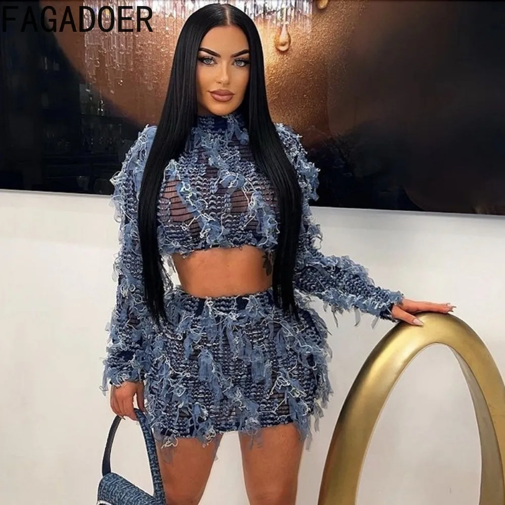 FAGADOER Fashion Streetwear Women Perspective Tassels Round Neck Long Sleeve Crop Top And Mini Skirts Two Piece Sets Outfit 2024
