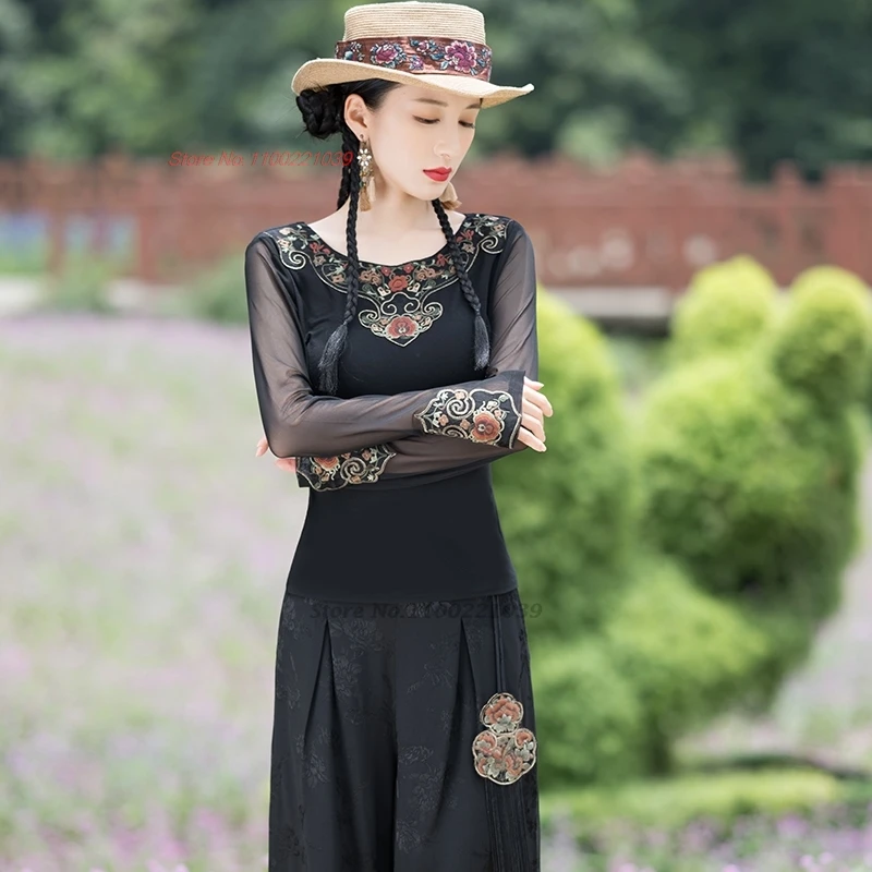 chinese traditional t-shirt national flower embroidery o-neck mesh sleeve folk shirt vintage hanfu tops retro base shirt