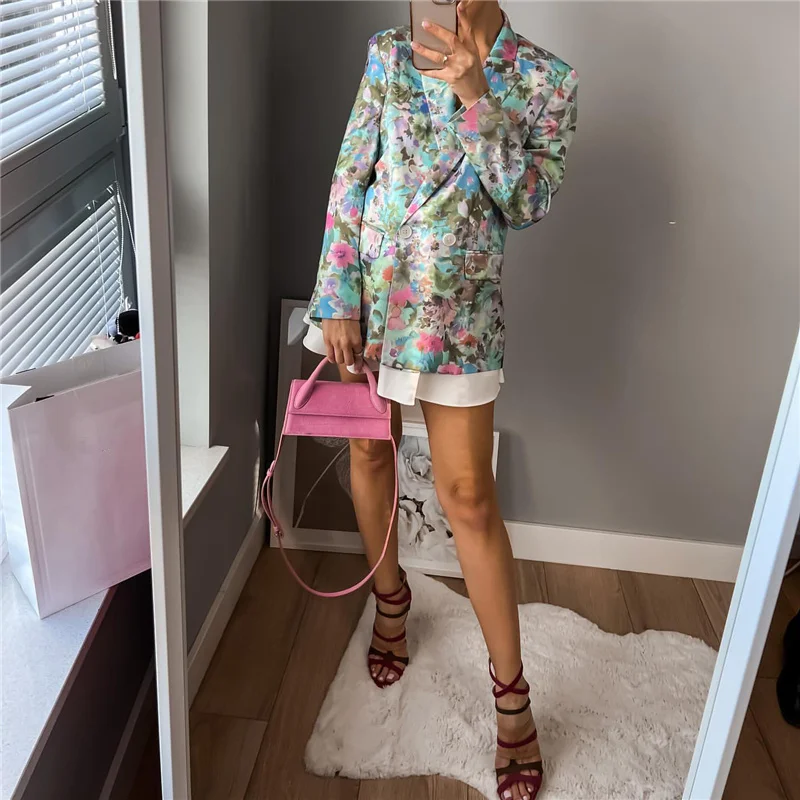 

Woman Sweet Blue Floral Blazer Suit 2023 Spring Female Elegant Loose Satin Blazers Suits Ladies Chic Flower Print Blazer Sets