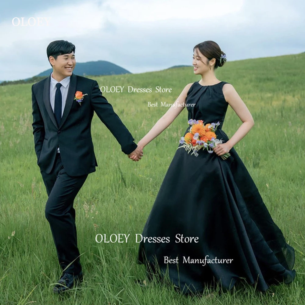 

OLOEY Black A Line Korea Lady Evening Dresses Wedding Photoshoot Silk Organza O-Neck Pleats Floor Length Party Occasion Dress