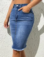 Skirts Women Denim Skirt Mid Length Slim Fit Solid High Waist Casual Regular Elegant Splice Hip Wrap Button Pocket Summer - Image 3