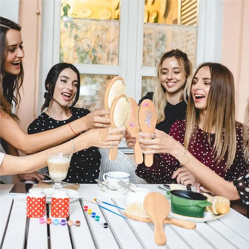 C-Convenient-DIY 나무 헤어 브러쉬 페인팅 키트 6세트 나이트 파티 핸드페인팅 헤어 브러쉬에는 페인트 브러쉬와 팔레트가 포함되어 있습니다.