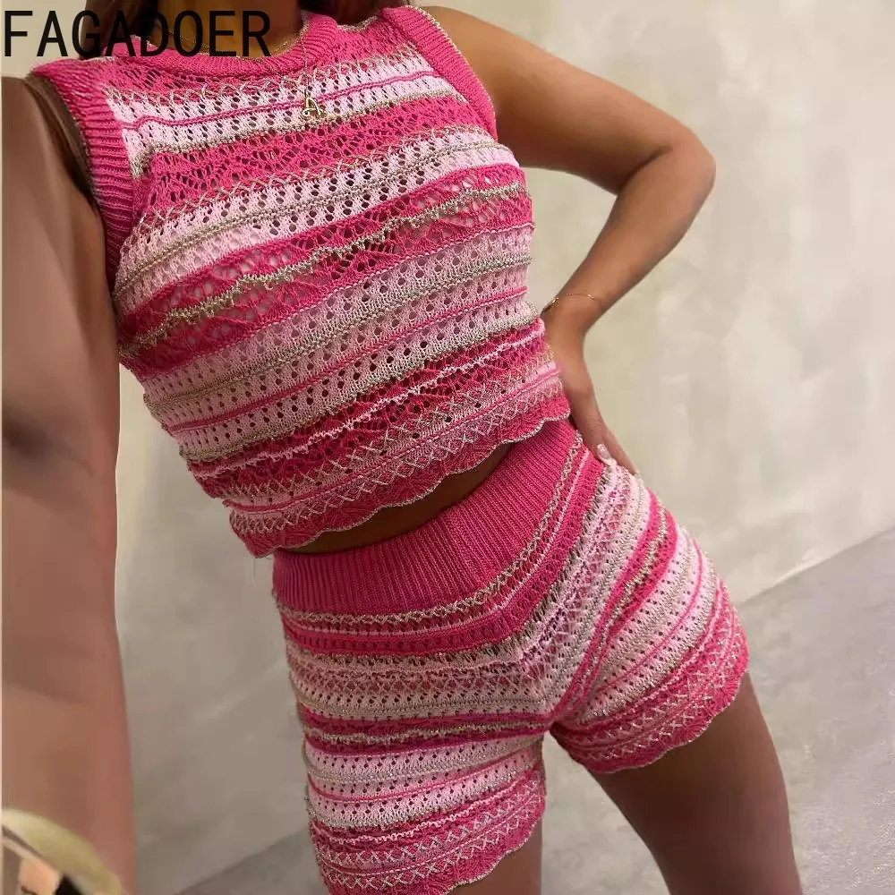 FAGADOER Fashion Y2K Pink Striped Knitting Two Piece Sets Women O Neck Sleeveless Crop Top And Shorts Outfits Female Streetwear