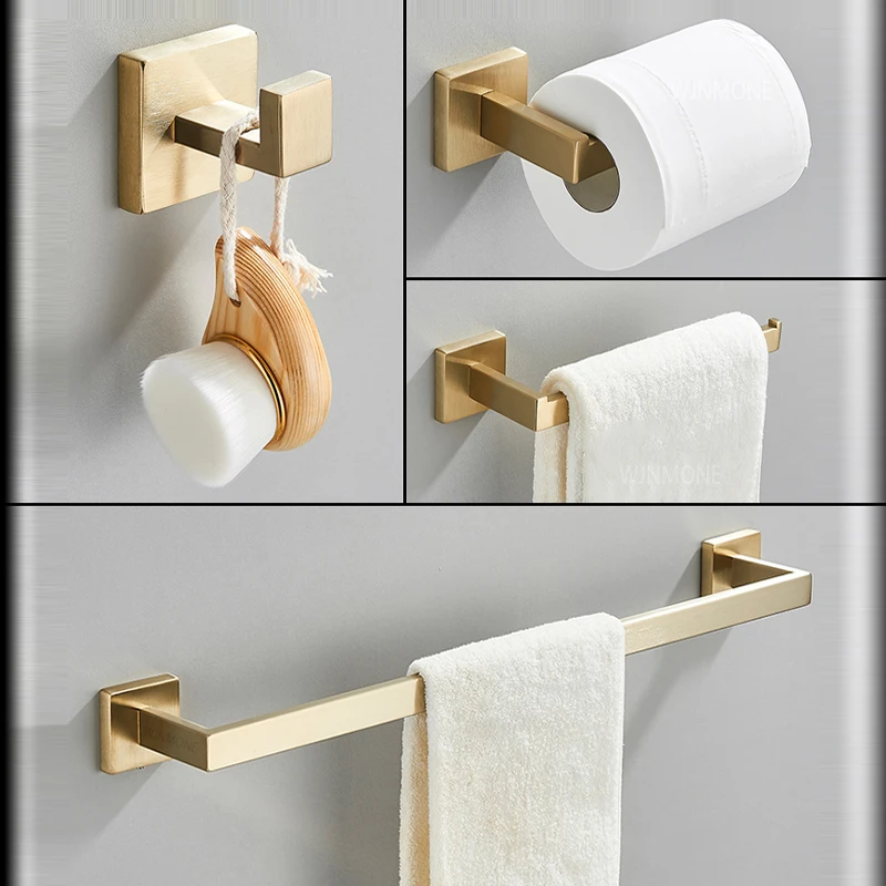 Escovado Ouro Hardware Conjunto Banheiro Prateleira Toalha Bar Rack Robe Gancho Papel Higiênico Rolo Titular Preto Acessórios do Banheiro Conjuntos Pcs Kit de Banheiro de Venda Quente de Luxo Conjunto de Toalheiros