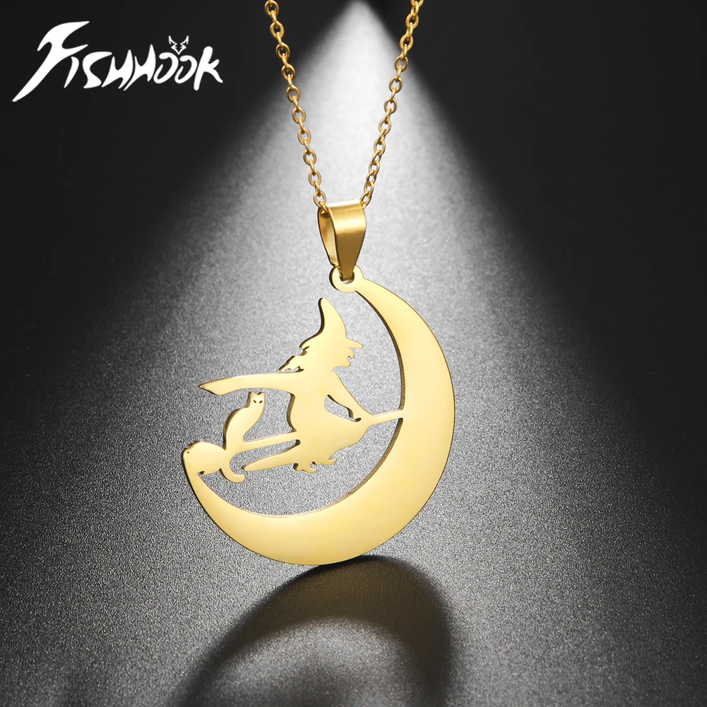 Fishhook Collar mágico de Hada de las brujas, Supernatural, escoba, Luna, cadena de acero inoxidable, regalo para mujer, hombre, niña, joyería|Collares colgantes| - AliExpress