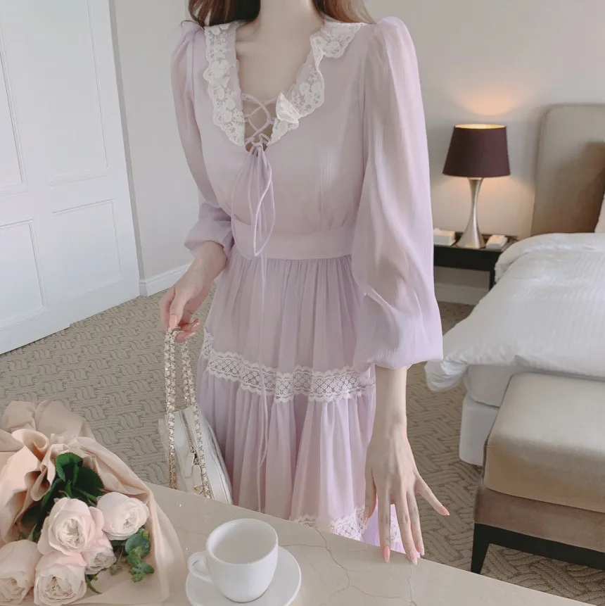 French Vintage Fairy Midi Dresses for Women Lantern Sleeve High Waist V-neck A-line Princess Party Dress Casual Female Vestidos