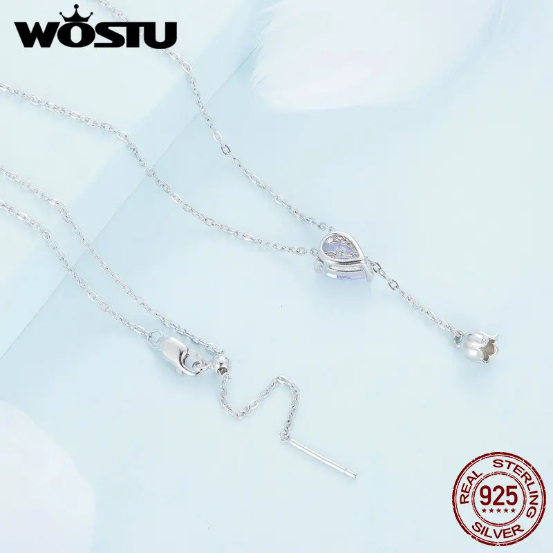 WOSTU 925 Sterling Silver Water-Drop Necklaces Purple Zircon Lily of the Valley Adjustable Chain For Women Gift Fine Jewelry 6