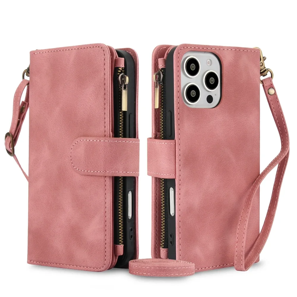 Leather Wallet Phone Case with Wrist Strap and Zipper Purse