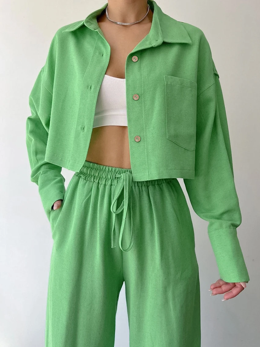 Marthaqiqi Loose Femme Sleepwear 2 Piece Set Long Sleeve Nightie Turn-Down Collar Pajamas Pants Pants Casual Women Home Clothes
