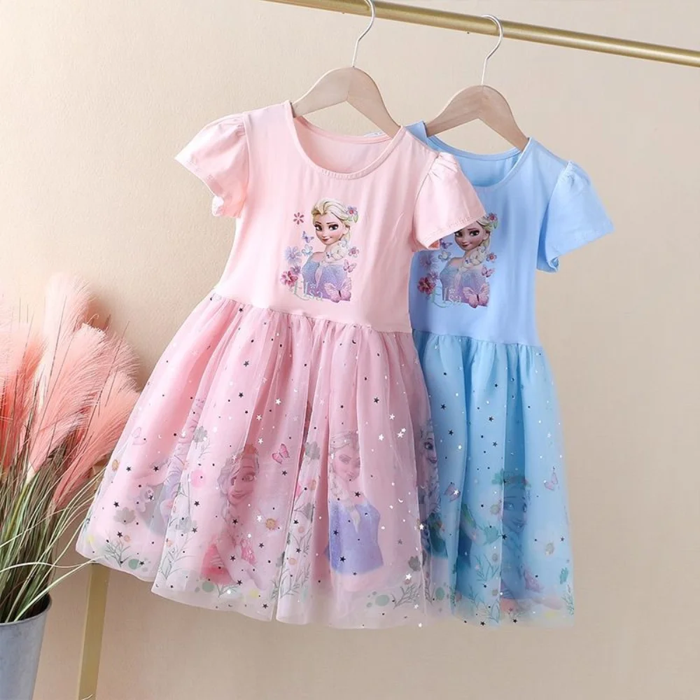 

Children Girls' Princess Dress Short Sleeve 2023 Summer Cartoon Pattern Frozen Elsa 3-12 Years Old Kids Mesh Sequin Dresses