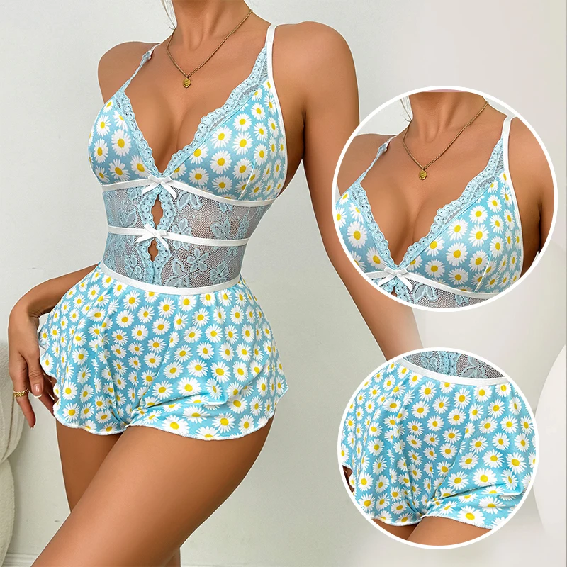 Bow Tie Lace Perspective Women's Jumpsuit Daisy Flower Print V-Neck Hanging Neck