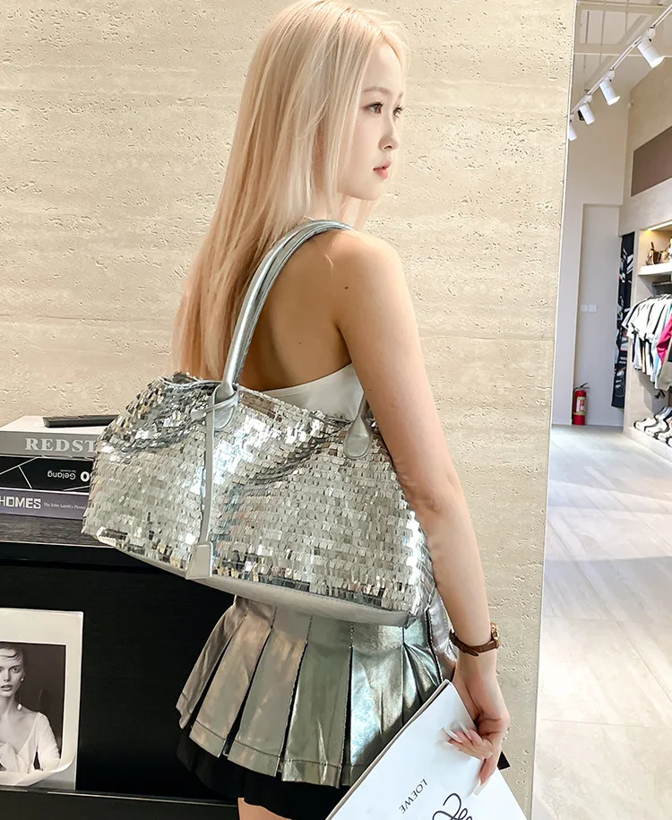 JIAERDI Shine Beading Silver Shoulder Bags Purse Women 2025 New Large Capacity Casual Handbag Ladies Vintage Tote Bag Aesthetic