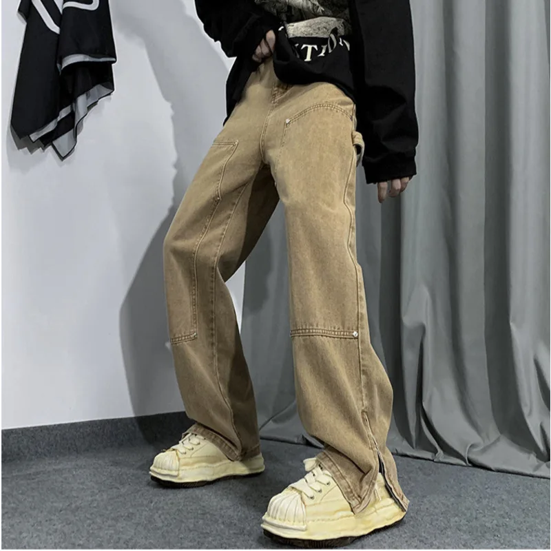 

American Ins Wide Leg Straight Men Jeans High Street Ins Fashion Denim Jeans Rivet Design Streetwear Hip Hop Unisex Trousers