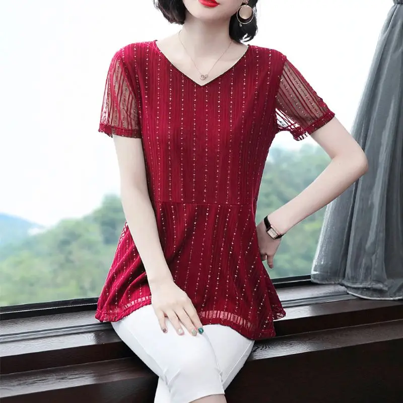 Elegant Women's V-Neck Silk Blend Summer Blouse