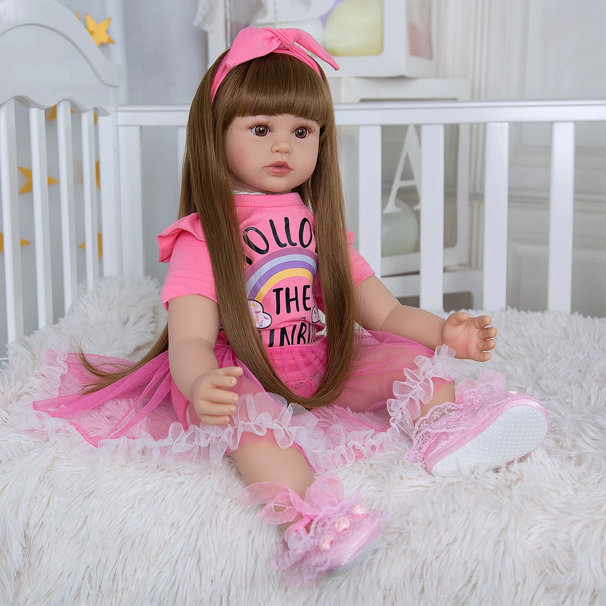 

KEIUMI 24 Inch Reborn Toddler Girl Baby Doll Long Hair Cloth Body Silicone Doll with Rose Red Rainbow Cloud Dress Bebe Reborn