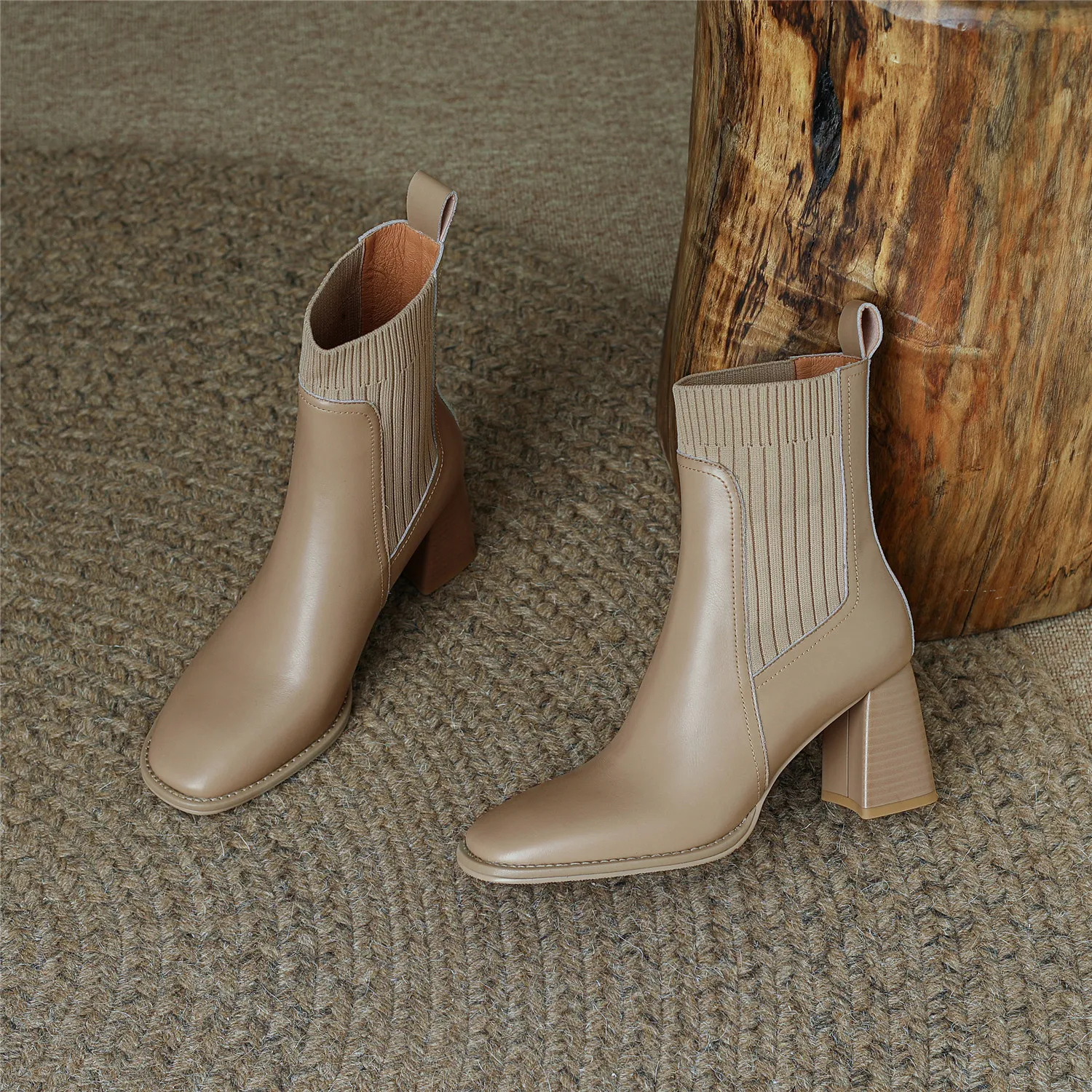 Women Ankle Boots Split Cow Leather Chunky High Heel Knitted Wool Slip on Quality Designer Spring Fall Sock Boots Big Size 42
