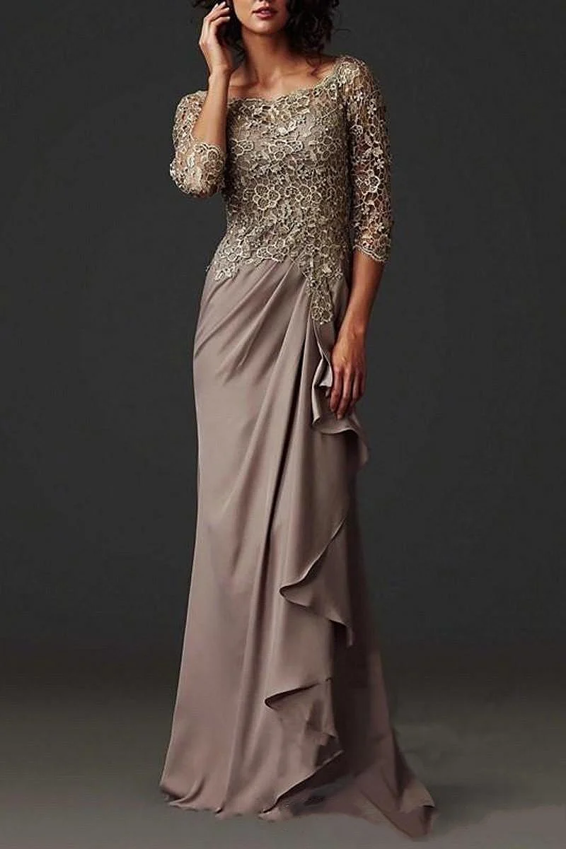 Mother Bride Dresses D10 O-Neck 3/4 Sleeve Pleat Chiffon Appliqued Lace