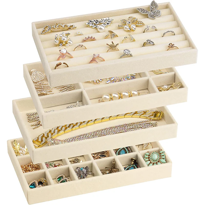 Velvet Jewelry Display Organizer Box Beige | Exquisite Jewellery Holder Tray for Rings ... - SKU VJDO0915 - UGI Packaging