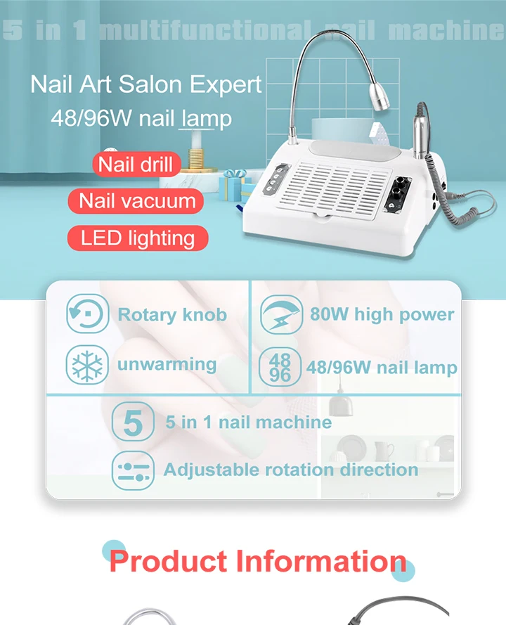 Taladro de uñas eléctrico profesional 5 en 1 de 30000 rpm, lámpara de uñas  LED UV de 48_96W para esmalte de uñas de gel, colector de polvo de uñas