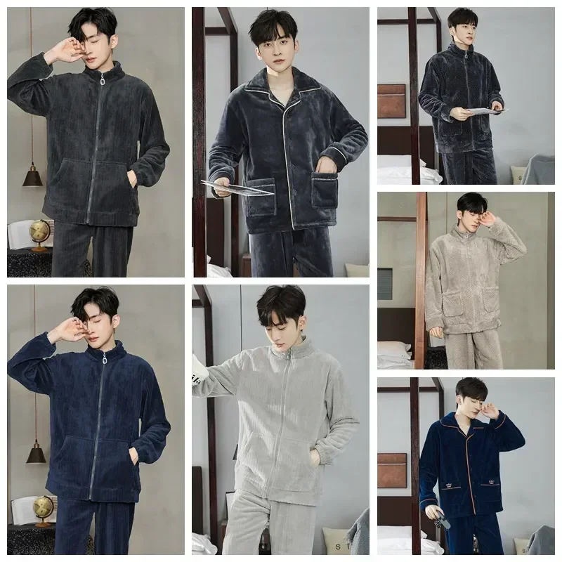 

Soft Winter Sleeve Pajamas Suit Sets Loungewer Sleepwear Thicken Long Home Men's Flannel Warm 2 Piece Nightwear Male Pijama