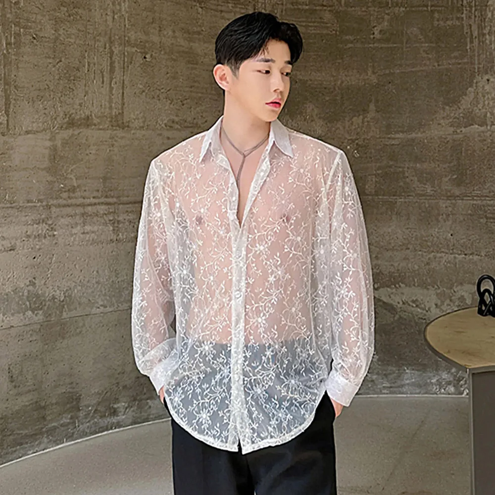 

Men See Through Jacquard Lace Vintage Loose Casual Long Sleeve Party Sexy Shirts Outdoor Sunscreen Clothes Dress Blouses