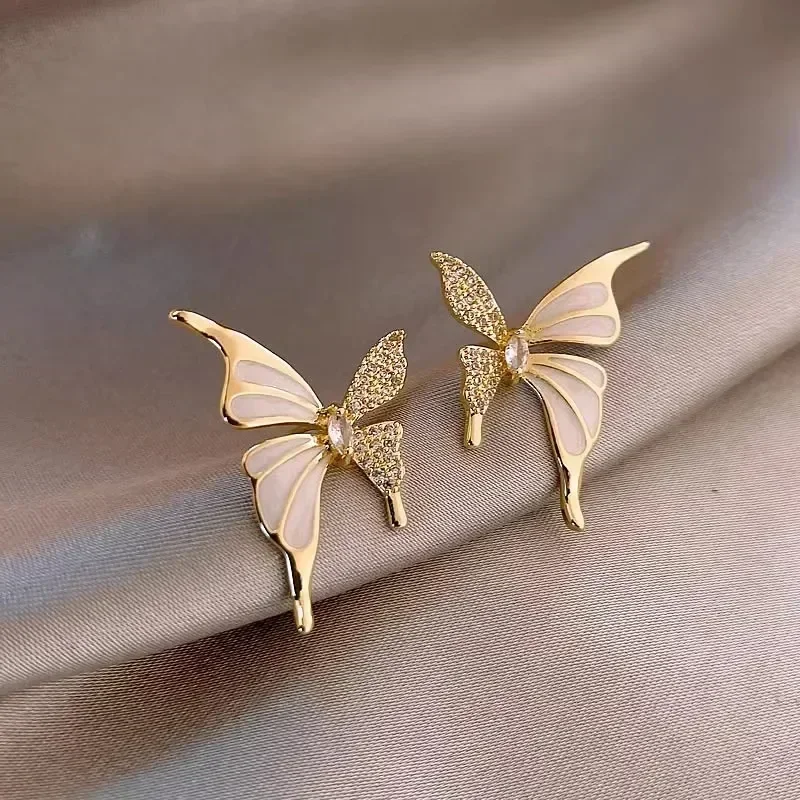 Korean Elegant Butterfly Stud Earrings for Women Light Luxury Shiny Zircon Flower Versatile Earring Party Jewelry Gifts