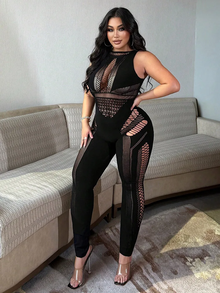 Women‘s Sexy  Jumpsuits Sleeveless Mesh See Through Night Club Party Rompers One Piece Outfits