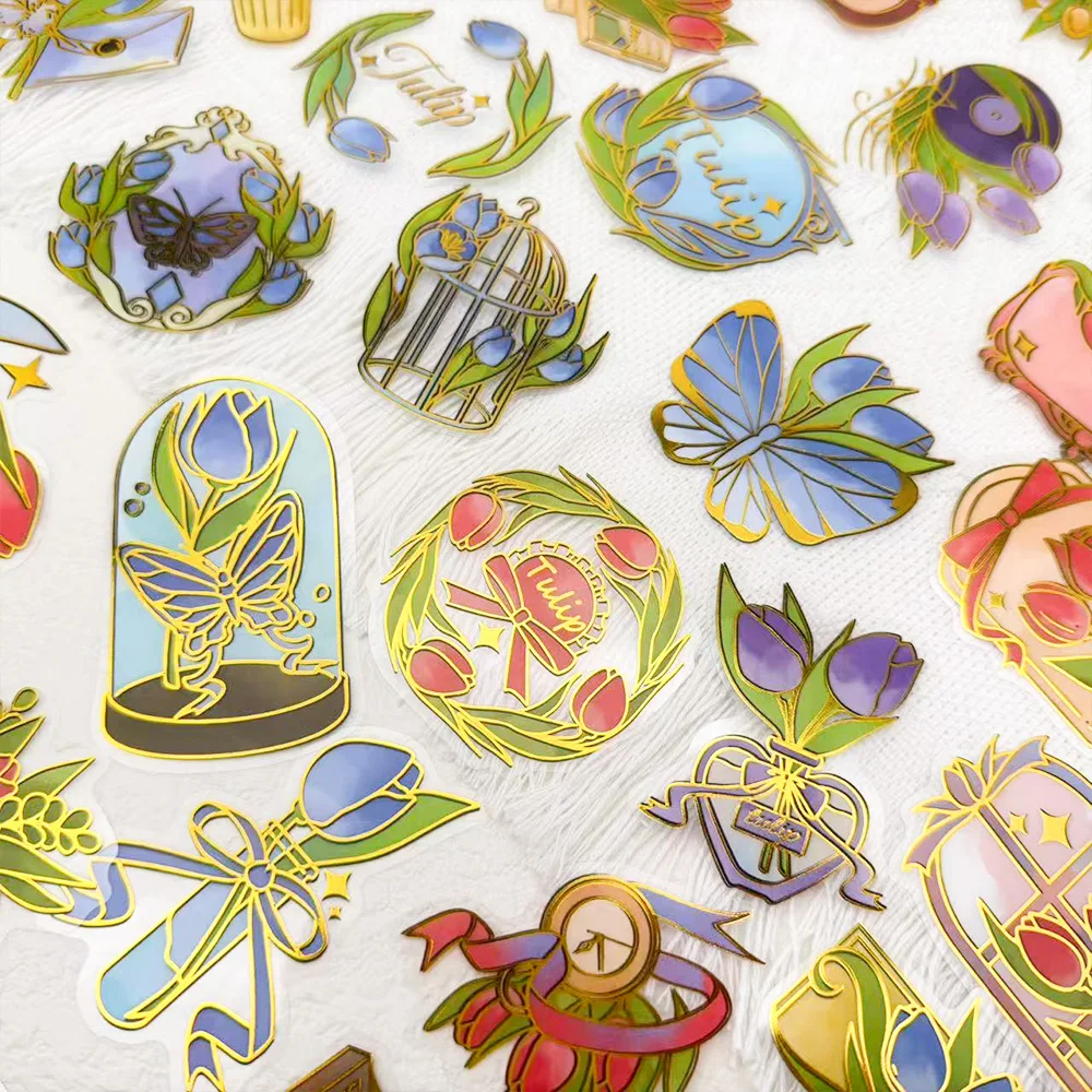 50개 튤립 위스퍼 골드 스탬핑 PET 스티커 데칼 (휴대폰, 스크랩북, 스케이트보드, 여행 가방, 헬멧 DIY, 미적 감각 스티커)