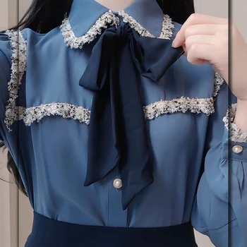 여성용 귀여운 나비 넥타이 리본 상의, 프레피 스타일 빈티지 일본 한국 디자인 버튼, 우아한 포멀 화이트 블루 셔츠 블라우스 2409