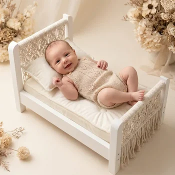 Accessori per Fotografia Neonati, Mini Letto in Legno, Arredamento per Servizi Fotografici, Letto Staccabile in Corda Intrecciata Stile Boho per Studio