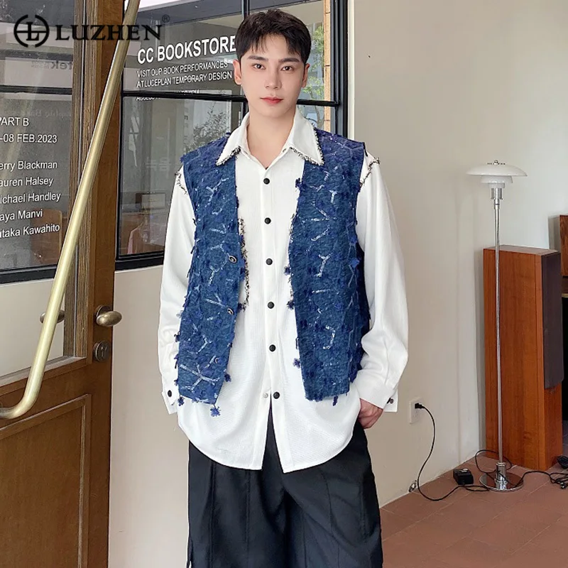 

LUZHEN Fashion Sleeveless Breasted Denim Vest Men Single Trendy Tank Tops Niche Design Handmade Metal Sequin Cardigan New 0b404a