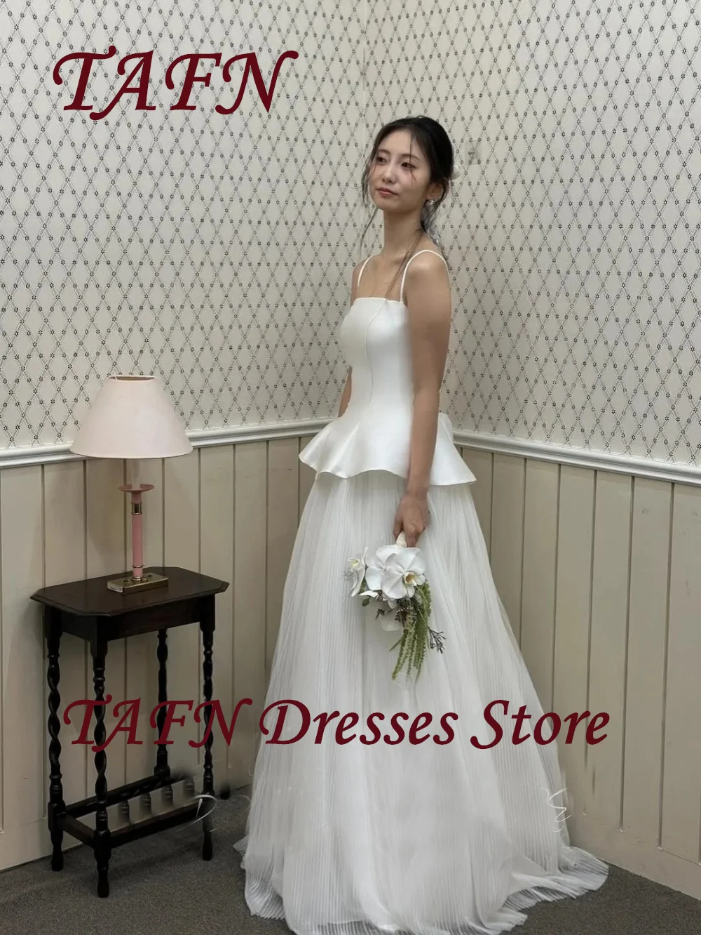 TAFN Simple A Line Wedding Dress Spaghetti Straps Floor Length Bridal Gown Korea Photoshoots 웨딩드레스 Corset Customized
