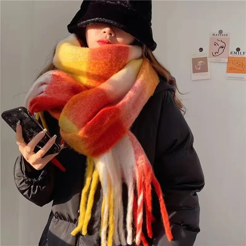 Mohair Rainbow Winter Plaid Cashmere Scarf Shawl Wrap Chequered Scarves Necks Warm Long Tassel Thicker bufanda invierno mujer 6