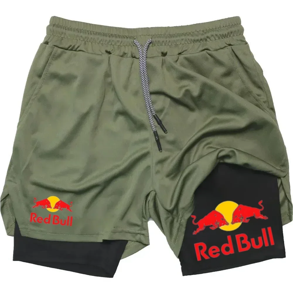 Mens 2-in-1 Red Bull Sports Shorts - Quick-Dry Breathable Running Underwear M-3XL