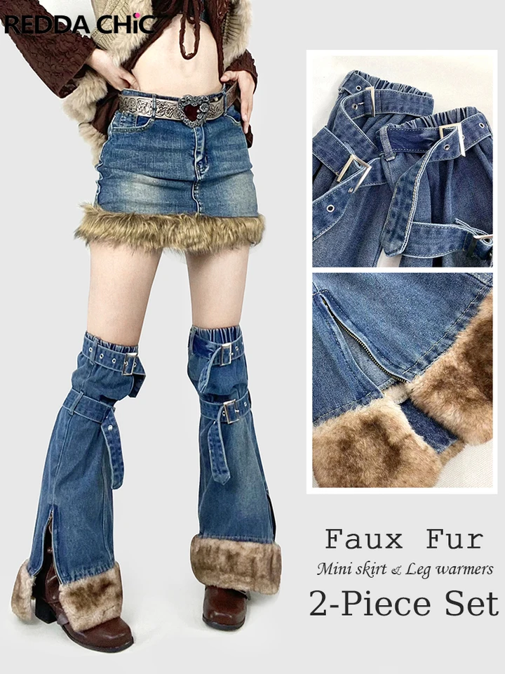 REDDACHiC ICON Fluffy Leg Warmers Mini Skirt Set Women 90s Retro