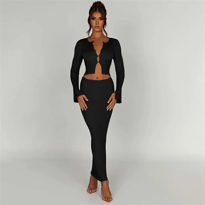 

Split Long Sleeve Single Breasted Shirts Crop Top Bodycon Long Skirts Suits Women 2023 Autumn Solid Ribbed Two Piece Dress Sets