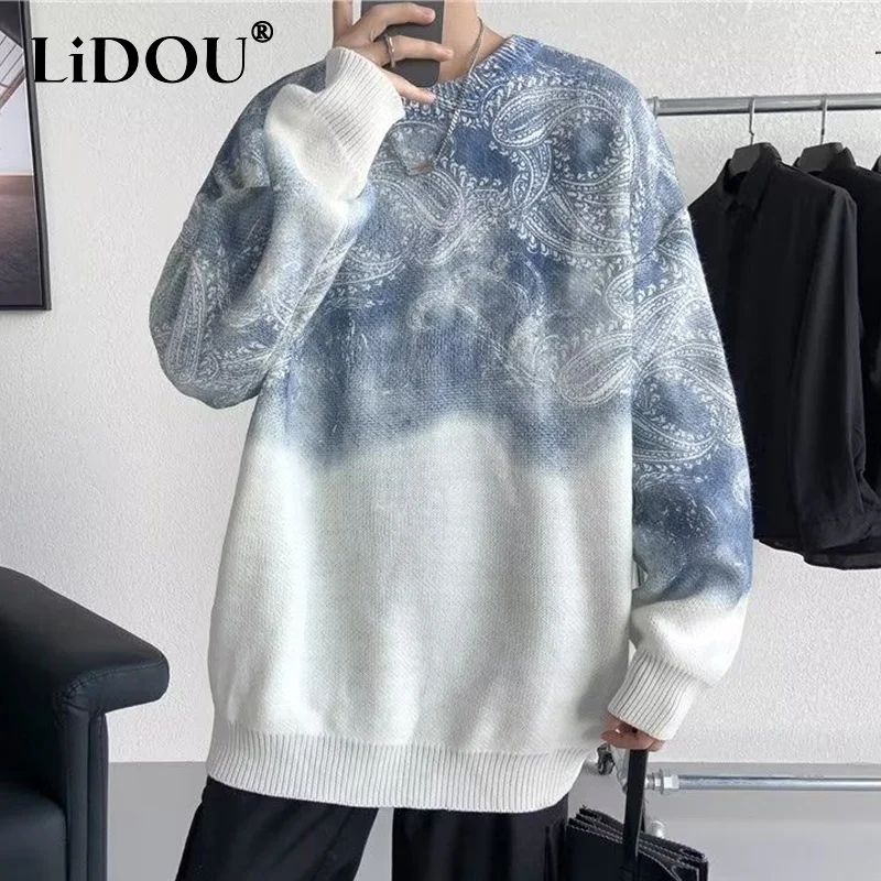 Autumn Winter Japanese Style Y2K Keep Warm Print Sweaters Man Fashion Loose Casual Male Pullover Hip Hop Chic Streetwear Clothes