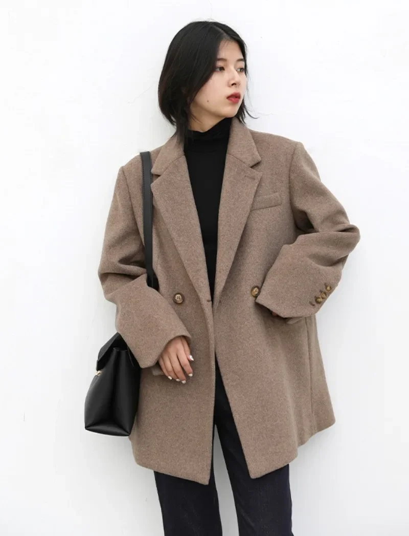 Women Wool Blend Coat Solid Mid Long Woolen Blazer Thick Warm Blouse Women's Overcoat Office Lady Tops Autumn and Winter 2023