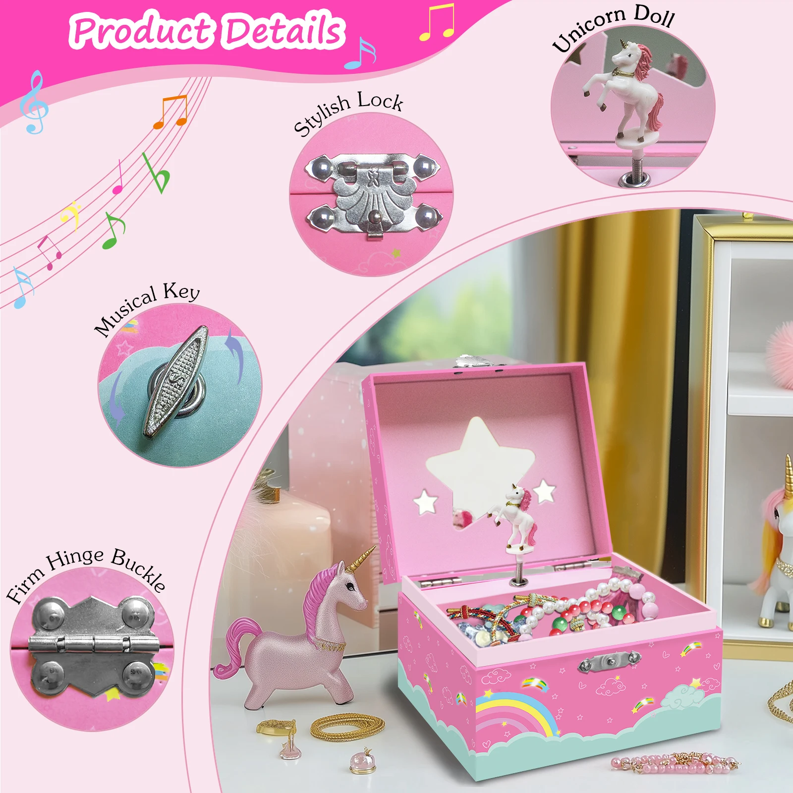 Magical Unicorn Jewelry Box, Spinning Unicorn with Jewelry Drawer, Small Rectangular, Square Jewelry Box 3