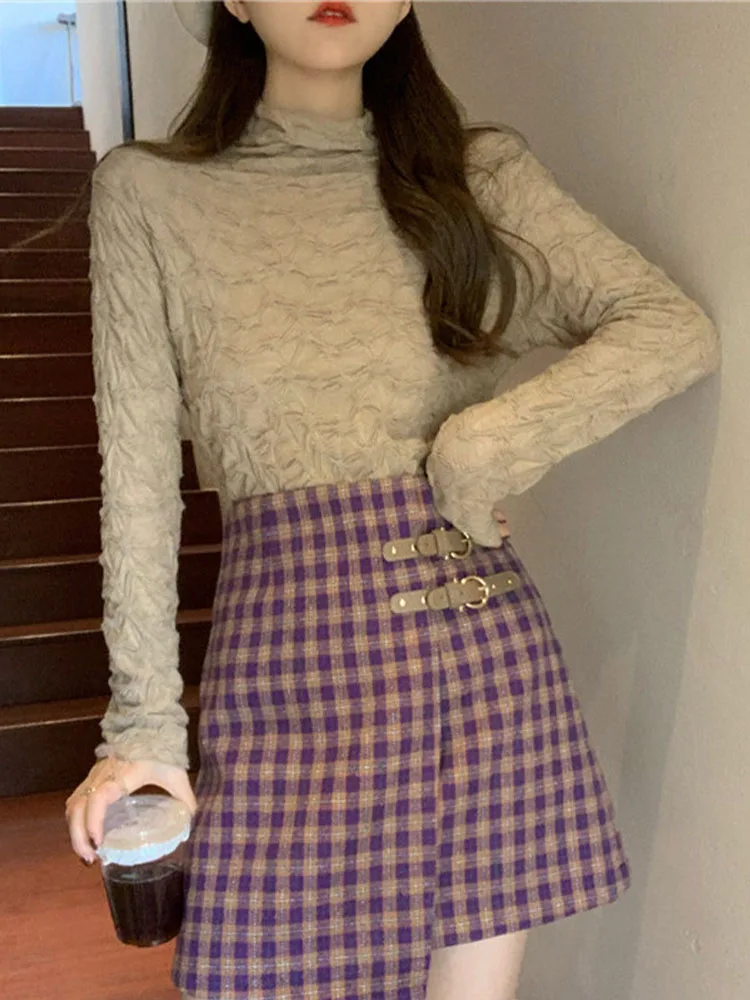 

Женская водолазка с длинным рукавом, однотонная плиссированная облегающая футболка в Корейском стиле, Базовая Универсальная футболка, осень