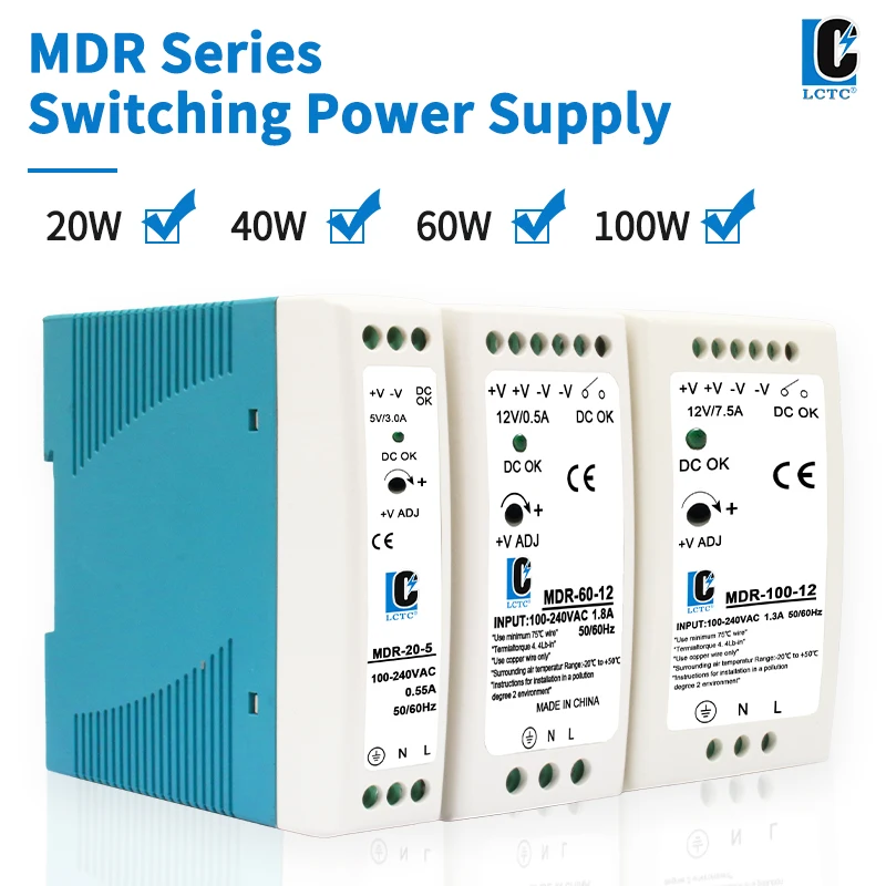 

AC100-240V Input Industrial Din Rail Power Supply Switch MDR-60W 10W 20W 40W 100W Single Output Switching 5V 12V 15V 24V 48V